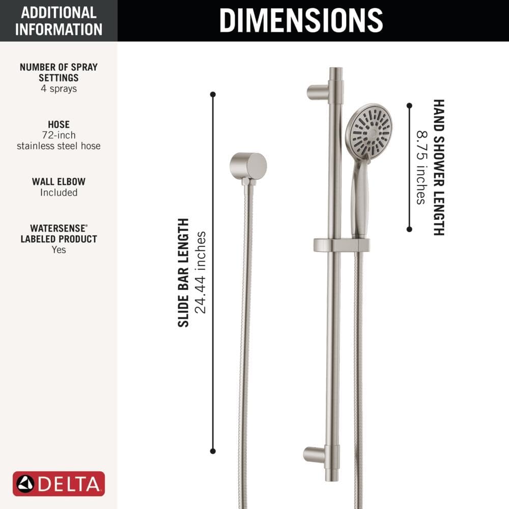 Delta Faucet Slide Bar Hand Held Shower with Hose, Brushed Nickel Handheld Shower Head, Slide Bar Hand Shower, Handheld Shower, Detachable Shower Head, Stainless 51361-SS