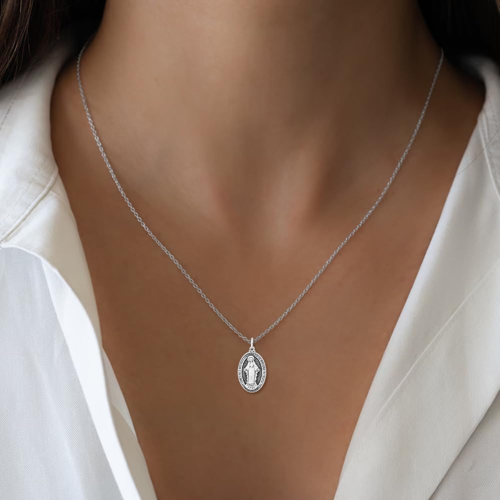 925 Sterling Silver Antiqued Miraculous Medal Pendant (L- 1.19 Inch, W- 0.63 Inch)