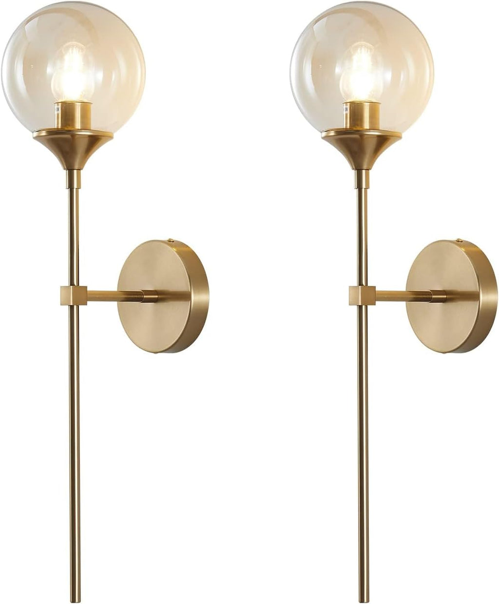 KCO Mid-Century Modern Wall Mounted Sconces Set of 2 Amber Glass Globe Wall Lamps with Long Arm Industrial Gold Wall Lights Fixture for Bedroom Bedside Stairway Hallway