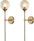 KCO Mid-Century Modern Wall Mounted Sconces Set of 2 Amber Glass Globe Wall Lamps with Long Arm Industrial Gold Wall Lights Fixture for Bedroom Bedside Stairway Hallway