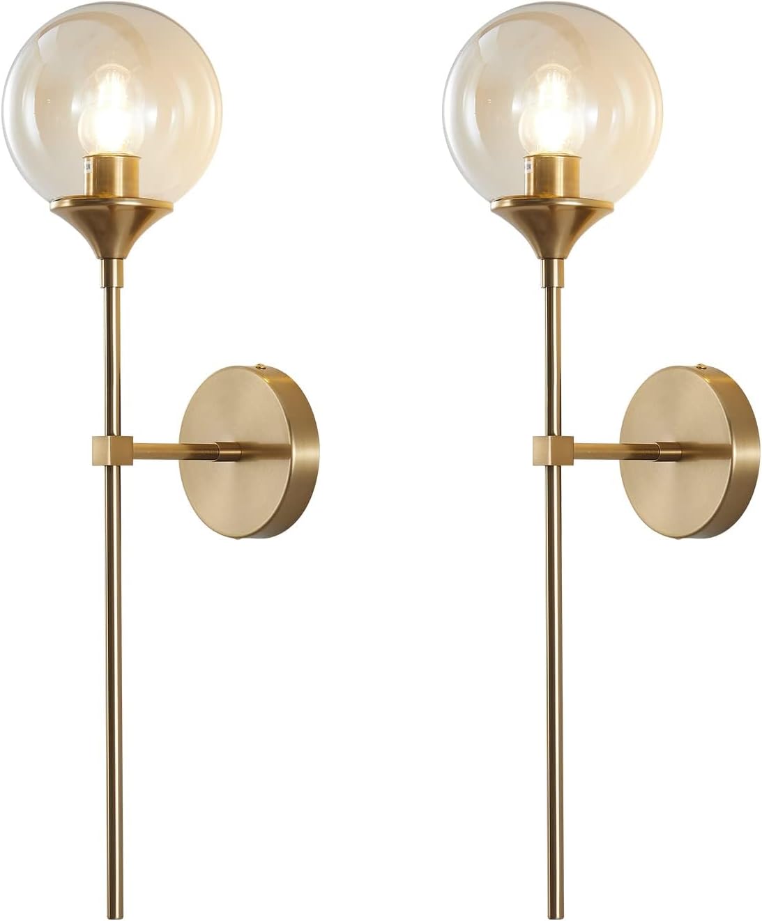 KCO Mid-Century Modern Wall Mounted Sconces Set of 2 Amber Glass Globe Wall Lamps with Long Arm Industrial Gold Wall Lights Fixture for Bedroom Bedside Stairway Hallway