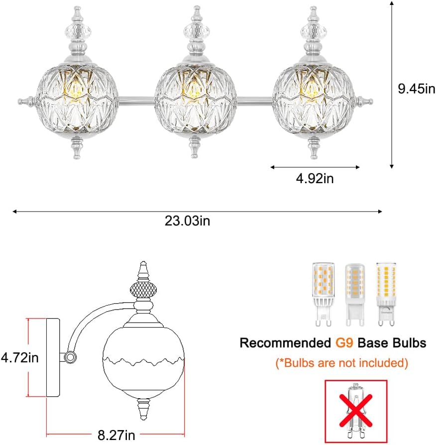 Brushed Nickel Bathroom Vanity Light Fixture Vintage Style - 3 Light G9 Bulb Compatible, 23' Wide Bathroom Lighting Over Mirror with Hand-Etched Glass Shades, Easy Mount for Makeup Area