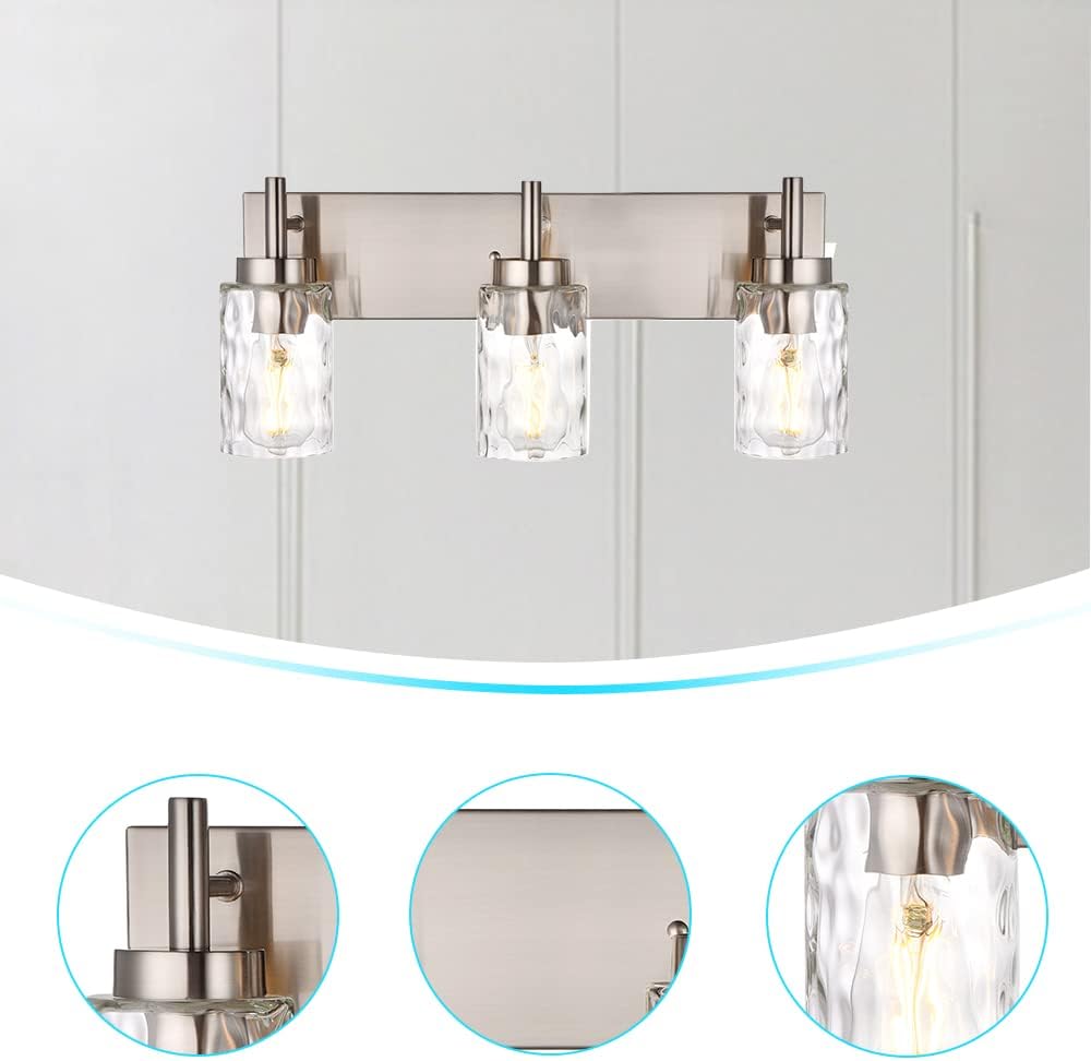 BONLICHT Brushed Nickel Vanity Light Modern 3 Light Bathroom Lighting Fixture Over Mirror with Clear Hammered Glass Shade, Industrial Indoor Farmhouse Wall Mounted Lamp for Powder Room Kitchen Hallway