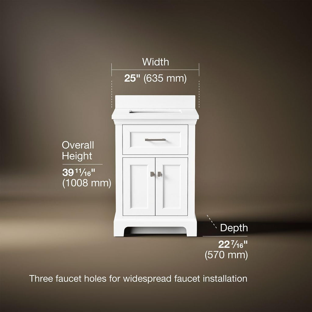 Kohler Charlemont 24' Bathroom Vanity Cabinet with White Sink and Quartz Top, Modern Bathroom Storage, White, K-29259-BD1-0