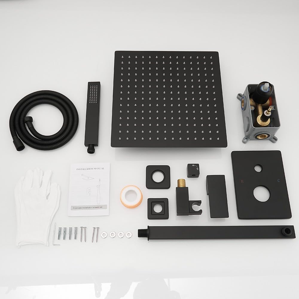 Matte Black Shower System 12 Inch Bathroom Luxury Rain Mixer Shower Combo Set Wall Mounted Rainfall Shower Head and Handheld System Shower Faucet Set Rough-in Valve Body and Trim Kit