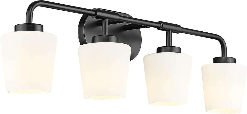 4-Light Black Bathroom Light Fixtures Over Mirror, White Glass | Vanity Lighting Fixtures with Milk White Glass, Vintage Farmhouse Wall Sconces Lighting, AD-22004-4W-BK