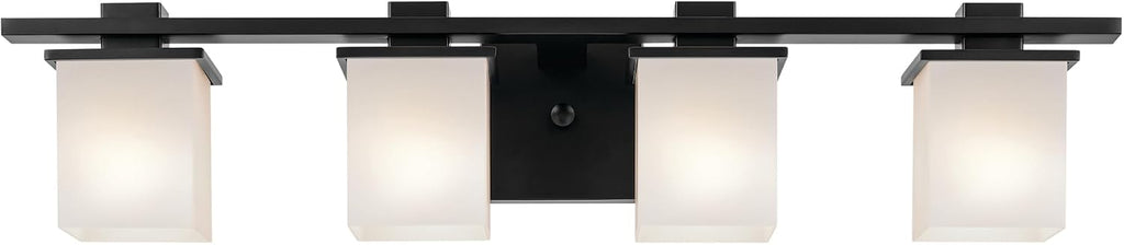 Kichler Tully 32' 4-Light Bathroom Vanity Light Fixture with Satin Etched Cased Opal Glass in Black for Over Mirror, Modern Wall Mount Lighting (32' x 6.5' x 7'), 45152BK