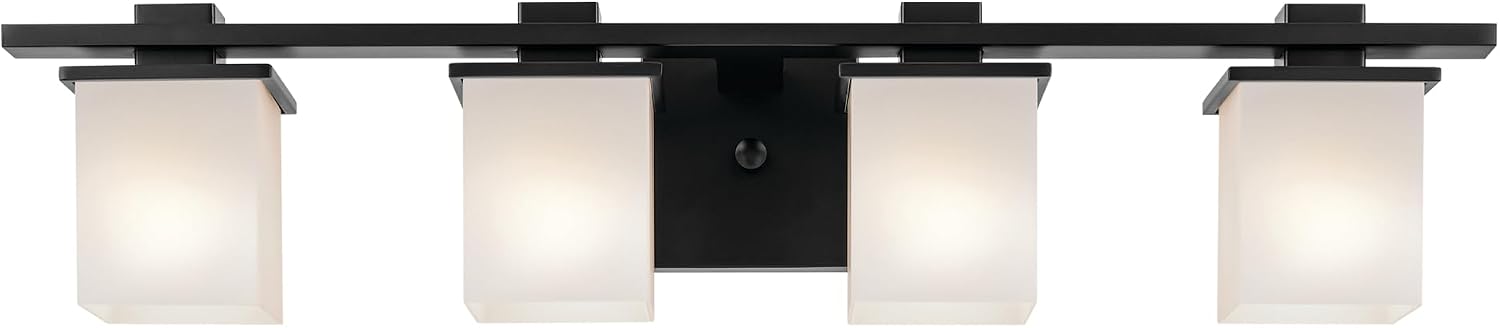 Kichler Tully 32' 4-Light Bathroom Vanity Light Fixture with Satin Etched Cased Opal Glass in Black for Over Mirror, Modern Wall Mount Lighting (32' x 6.5' x 7'), 45152BK