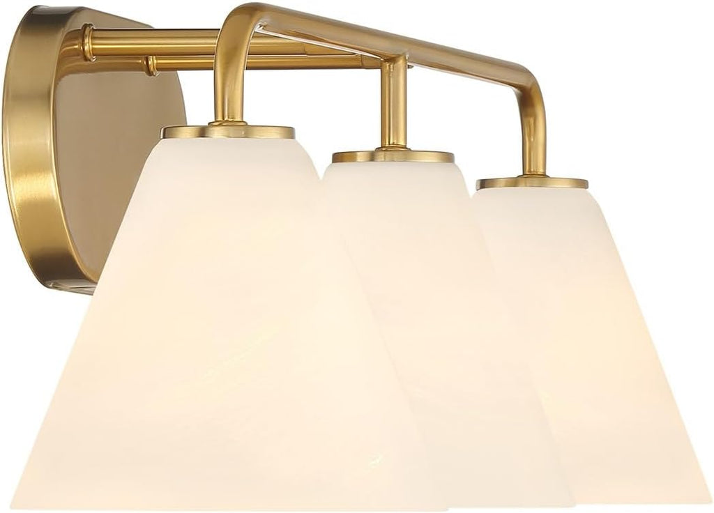 Savoy House 8-2988-3-322 Blair White Strie Glass Bathroom Conical Bathroom Vanity Light, 3-Light 180 Total Watts, 8'' H x 26'' W, Warm Brass