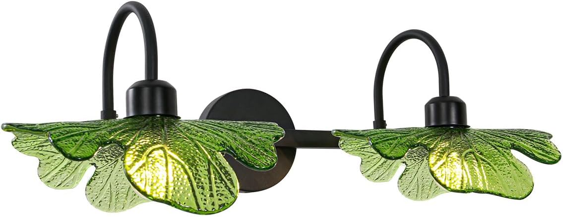 2-Light Vanity Light, Black Wall Sconce with Green Glass Shade, Vintage Bathroom Light Fixture for Over Mirror, Bedroom, Hallway, Living Room