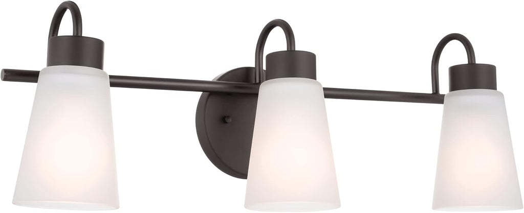 Kichler Erma 3-Light Bathroom Vanity Light Fixture with Satin Etched Glass Shades, Traditional Wall Mount Lighting over Mirror in Olde Bronze, 23 x 8.5 in, 45887NI