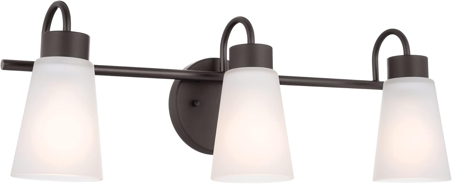 Kichler Erma 3-Light Bathroom Vanity Light Fixture with Satin Etched Glass Shades, Traditional Wall Mount Lighting over Mirror in Olde Bronze, 23 x 8.5 in, 45887NI