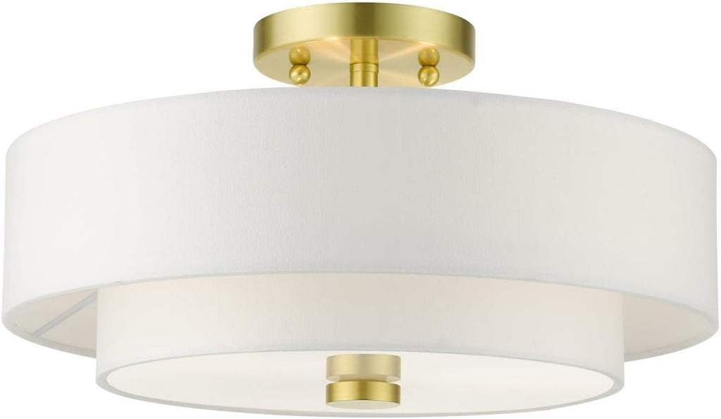 Livex Lighting 51044-12 Meridian Collection 3-Light Semi Flush Mount Ceiling Light with Off-White Hardback Fabric Shade, Satin Brass 15 x 15 x 8.25