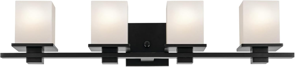 Kichler Tully 32' 4-Light Bathroom Vanity Light Fixture with Satin Etched Cased Opal Glass in Black for Over Mirror, Modern Wall Mount Lighting (32' x 6.5' x 7'), 45152BK