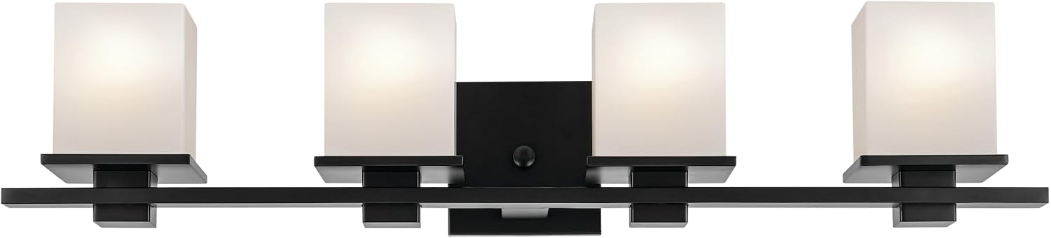 Kichler Tully 32' 4-Light Bathroom Vanity Light Fixture with Satin Etched Cased Opal Glass in Black for Over Mirror, Modern Wall Mount Lighting (32' x 6.5' x 7'), 45152BK