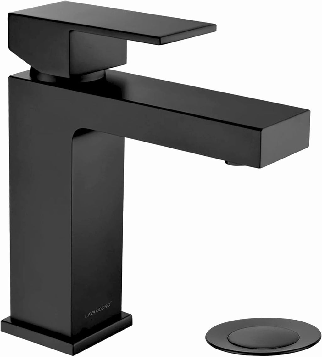 Lava Odoro Matte Black Bathroom Faucet 1 Hole, Modern Single Hole Bathroom Sink Faucet for Vanity with Pop up Drain Assembly, Deck Plate Included, 1.2 GPM Water Flow, BF307-B