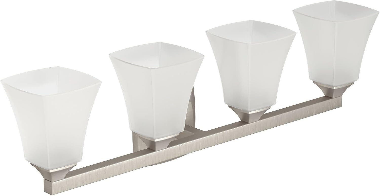 Moen Voss Brushed Nickel Modern 4-Light Dual-Mount Bath Bathroom Vanity Fixture with Frosted Glass, YB5164BN