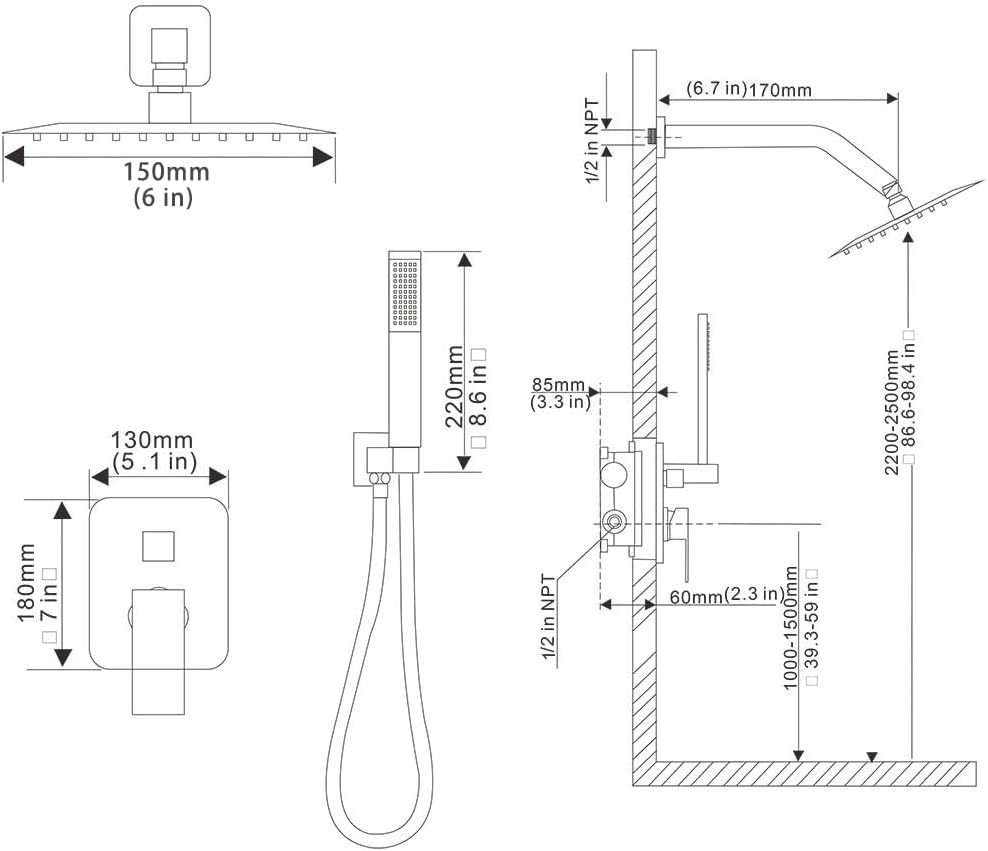 Matte Black Shower System Bathroom Rainfall Shower Faucet Set Complete Wall Mounted 6 Inch Shower Head and Handle Set with Rough-in Valve Body and Trim Kit
