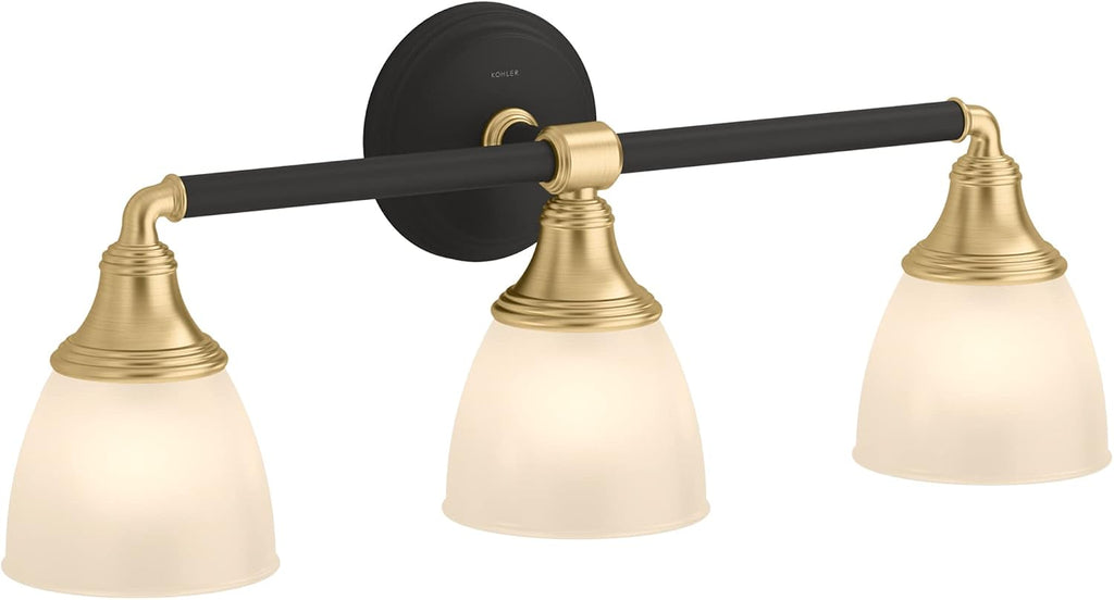 KOHLER Devonshire Bathroom Vanity Light Fixture, Wall Sconce Lighting, Position Facing Up or Down, UL Listed, 3 Light, Black with Brass Trim