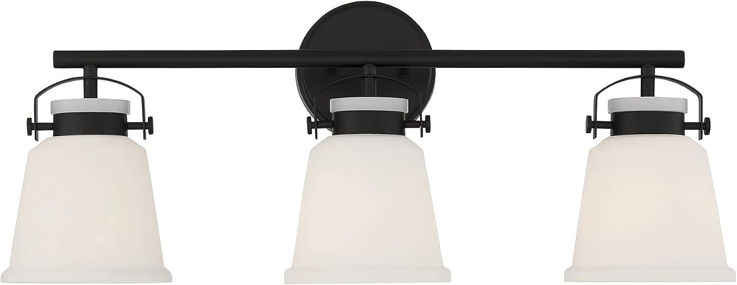 Savoy House 8-1627-3-BK Kaden Industrial Traditional White Opal Glass Bathroom Vanity Wall Light, 3-Light 180 Total Watts, 11' H x 26' W, Matte Black