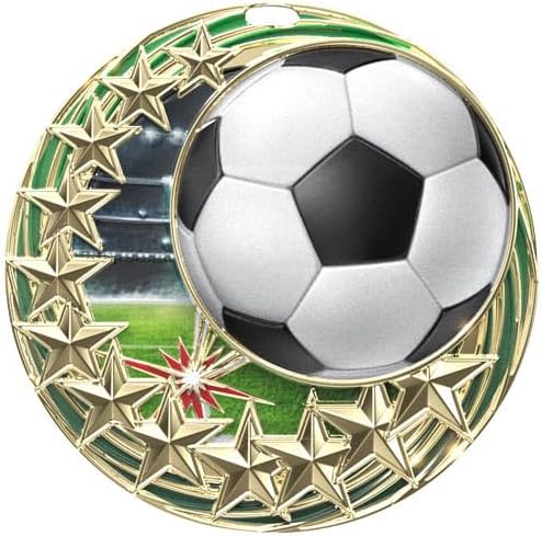 Wilson Trophy 2.25' Star Blast Gold Soccer Medal with Custom Engraving - Includes Patriotic Neck Ribbon - Ideal for Soccer Achievements