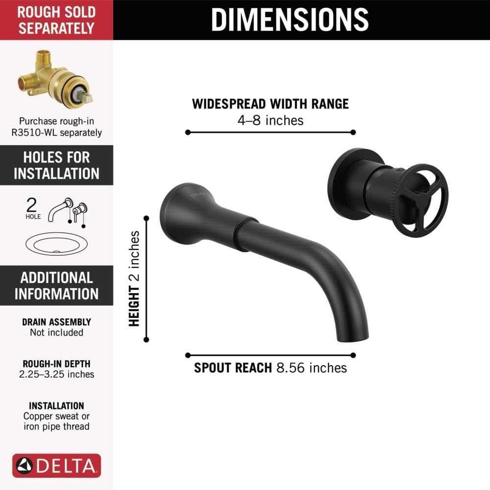 Delta Trinsic Wall Mount Bathroom Faucet 2 Hole, Matte Black Bathroom Sink Faucet for Vanity, Matte Black T3558LF-BLWL (Valve Not Included)