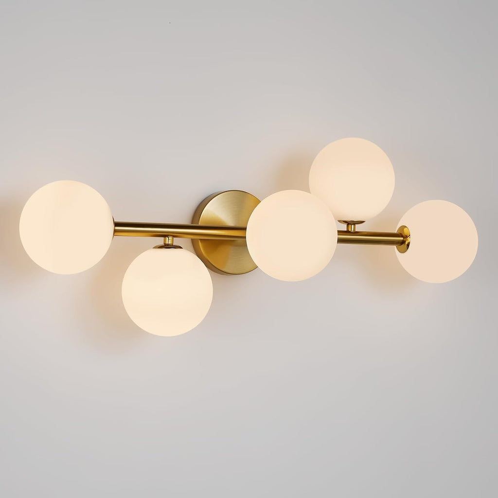 Gold Bathroom Vanity Light Fixtures: Modern Bath 5 Lights Brushed Golden Brass Wall Sconce Lighting - Vanity Light with Milk Globe Bubble Glass Shade - Midcentury Bathroom Lights Over Mirror G9 Base