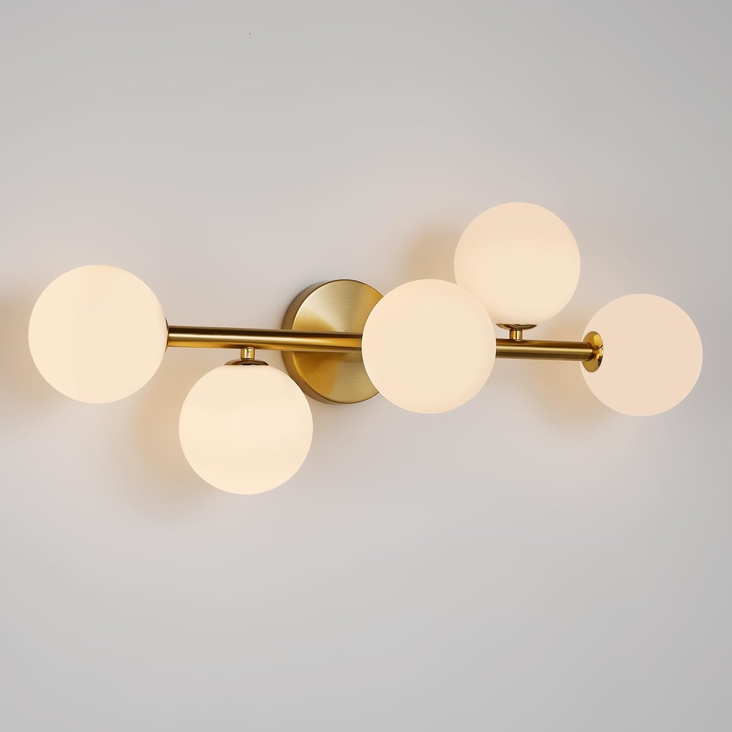Gold Bathroom Vanity Light Fixtures: Modern Bath 5 Lights Brushed Golden Brass Wall Sconce Lighting - Vanity Light with Milk Globe Bubble Glass Shade - Midcentury Bathroom Lights Over Mirror G9 Base