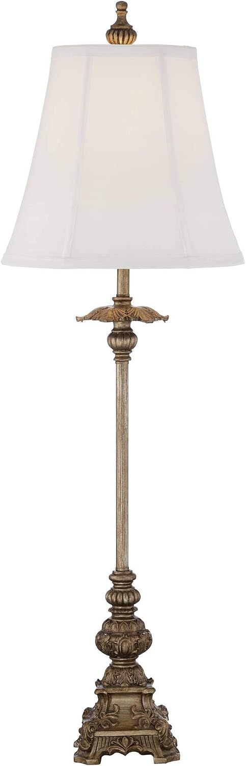 Regency Hill Juliette Traditional French Country Style Buffet Table Lamps 36.5' Tall Skinny Set of 2 Antique Gold Ornate Base White Fabric Bell Shade Decor for Living Room House Home Dining