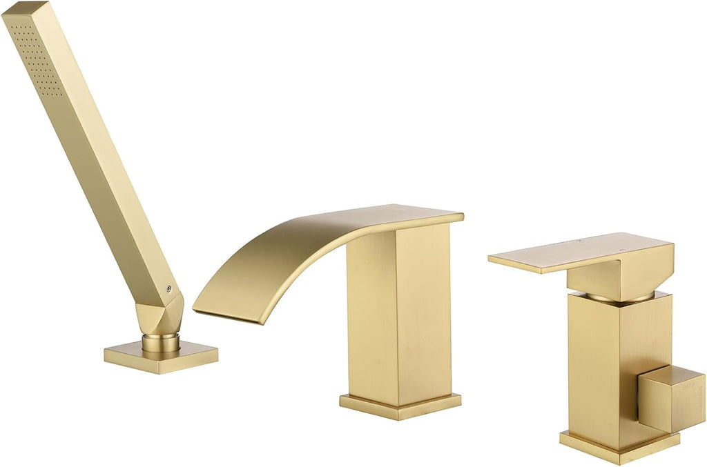 TapLong Waterfall Roman Tub Faucet with Hand Shower, Deck Mount Bathtub Faucets High Flow Widespread 3 Hole Bathtub Shower Faucet Set, Brushed Gold,03766BG