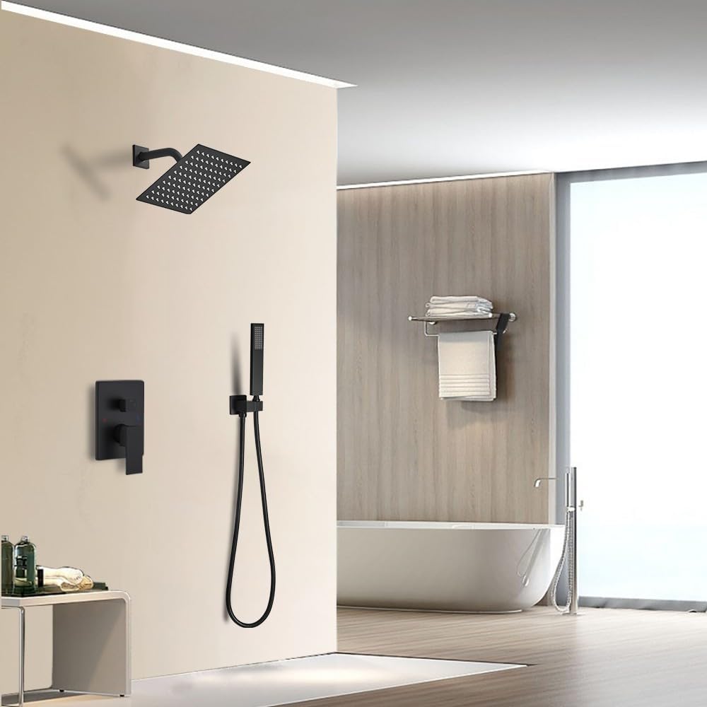 Matte Black Shower System Bathroom Rainfall Shower Faucet Set Complete Wall Mounted 6 Inch Shower Head and Handle Set with Rough-in Valve Body and Trim Kit