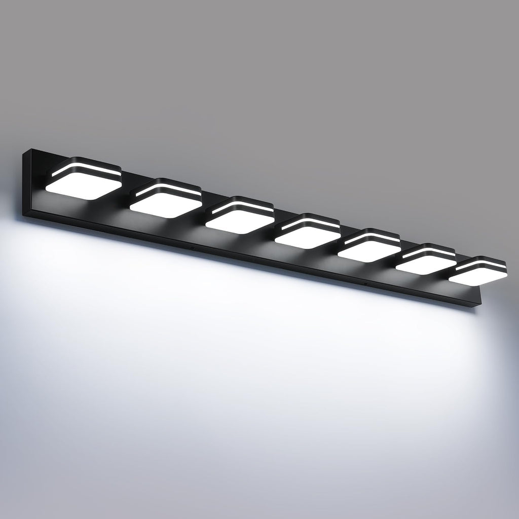 Torondo 360° Rotate LED Bathroom Vanity Light Fixtures, Acrylic Vanity Lights for Bathroom, Modern Wall Lighting Fixtures Over Mirror Living, Matte Black, Natural White, 7-Light, 46-Inch