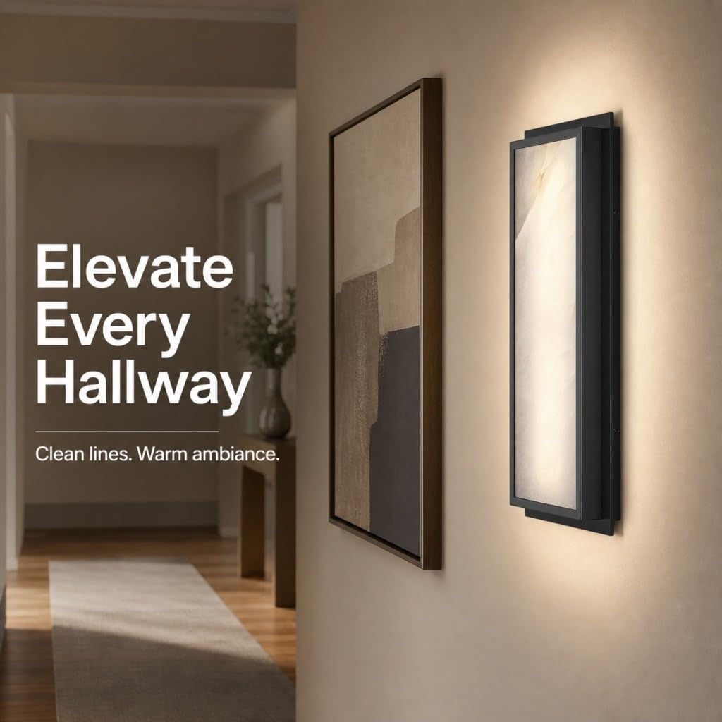 2 Pack 16 Inch Natural Alabaster Bathroom 20W-3000K LED Home Wall Sconce Modern Concise Style Wall Light Fixture,Black Finish for Bedroom Hallway Bedside Living Room