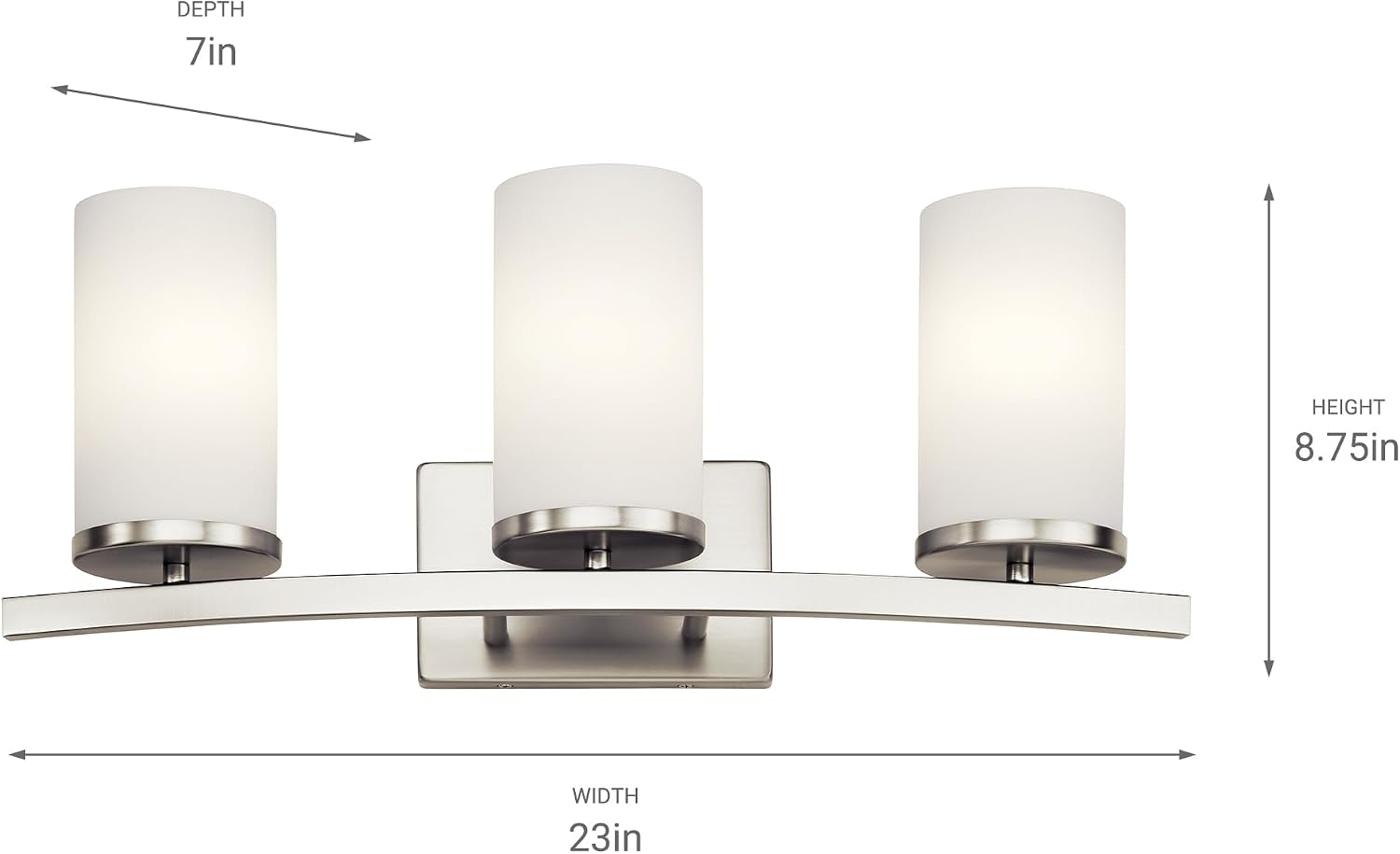 Kichler Crosby 23' Vanity Light in Brushed Nickel, 3-Light Contemporary Bathroom Light with Satin Etched Cased Opal Glass, (23' L x 8.75' H), 45497NI