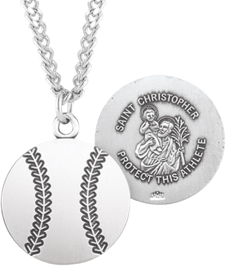 .925 Sterling Silver Saint Christopher Athlete Sports Protection Christian Medal Pendant Necklace with Chain - Made in USA