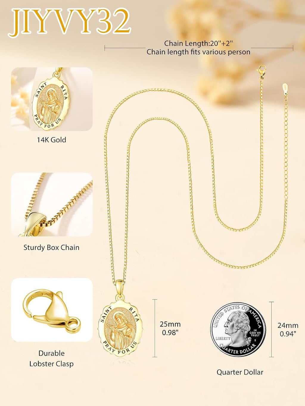 14K Gold Saint Medal Necklace for Women, Catholic Patron Saint Pendant Necklace, Christian Religious Jewelry Gift for Confirmation Baptism Communion Christmas Birthday