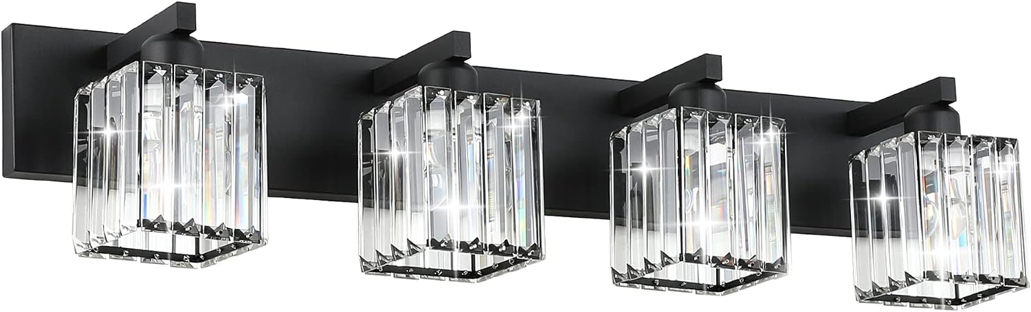 Aipsun Black Light Fixtures Bathroom Vanity Light Crystal Modern Vanity Light for Bathroom 4 Light (Exclude Bulb)