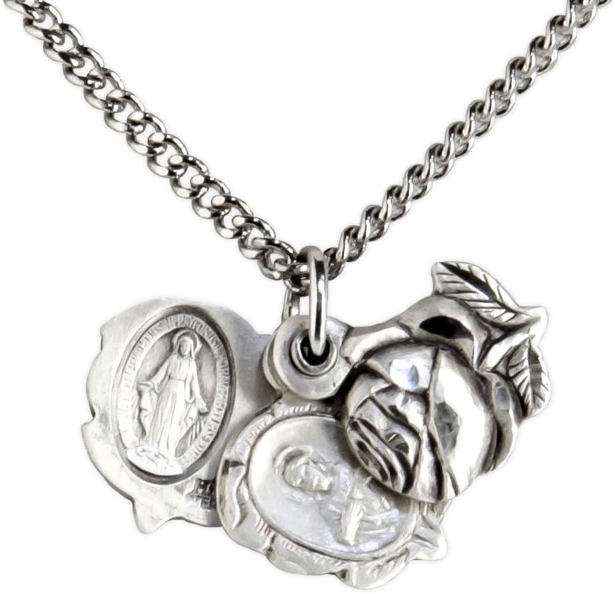 Heartland Women's Sterling Silver Triple Slide Rose with Miraculous Pendant + USA Made + Chain Choice