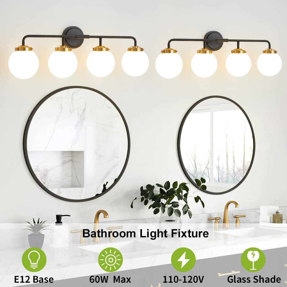 Black Gold Bathroom Light Fixtures Above Mirror, Modern Vanity Lighting with White Glass Globe Shade 4-Light Farmhouse Wall Sconce