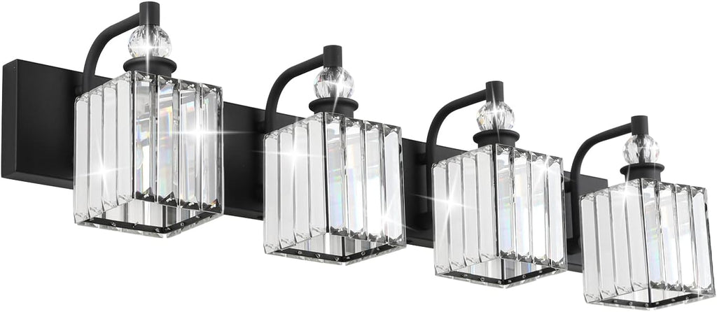 Ralbay Black Crystal Vanity Light 4 Light 31.5''Modern Matte Black Bathroom Wall Light Fixtures Over Mirror Bathroom Vanity Lights