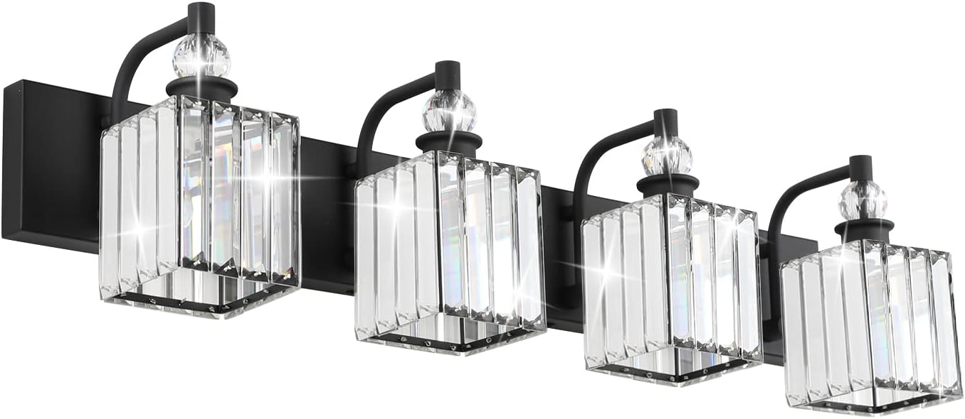 Ralbay Black Crystal Vanity Light 4 Light 31.5''Modern Matte Black Bathroom Wall Light Fixtures Over Mirror Bathroom Vanity Lights