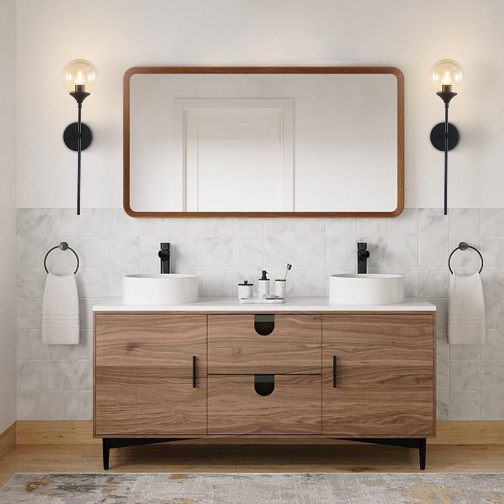 KCO Lighting Mid Century Modern 1-Light Wall Sconce Lighting Set of Two Matte Black Globe Vanity Wall Light Fixture Set of 2 Amber Glass Bathroom Wall Lamp Industrial Long Pole Wall Sconce