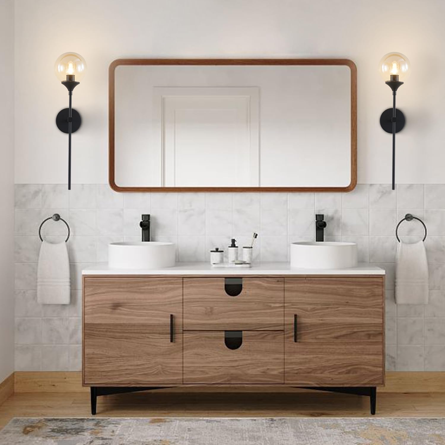 KCO Lighting Mid Century Modern 1-Light Wall Sconce Lighting Set of Two Matte Black Globe Vanity Wall Light Fixture Set of 2 Amber Glass Bathroom Wall Lamp Industrial Long Pole Wall Sconce
