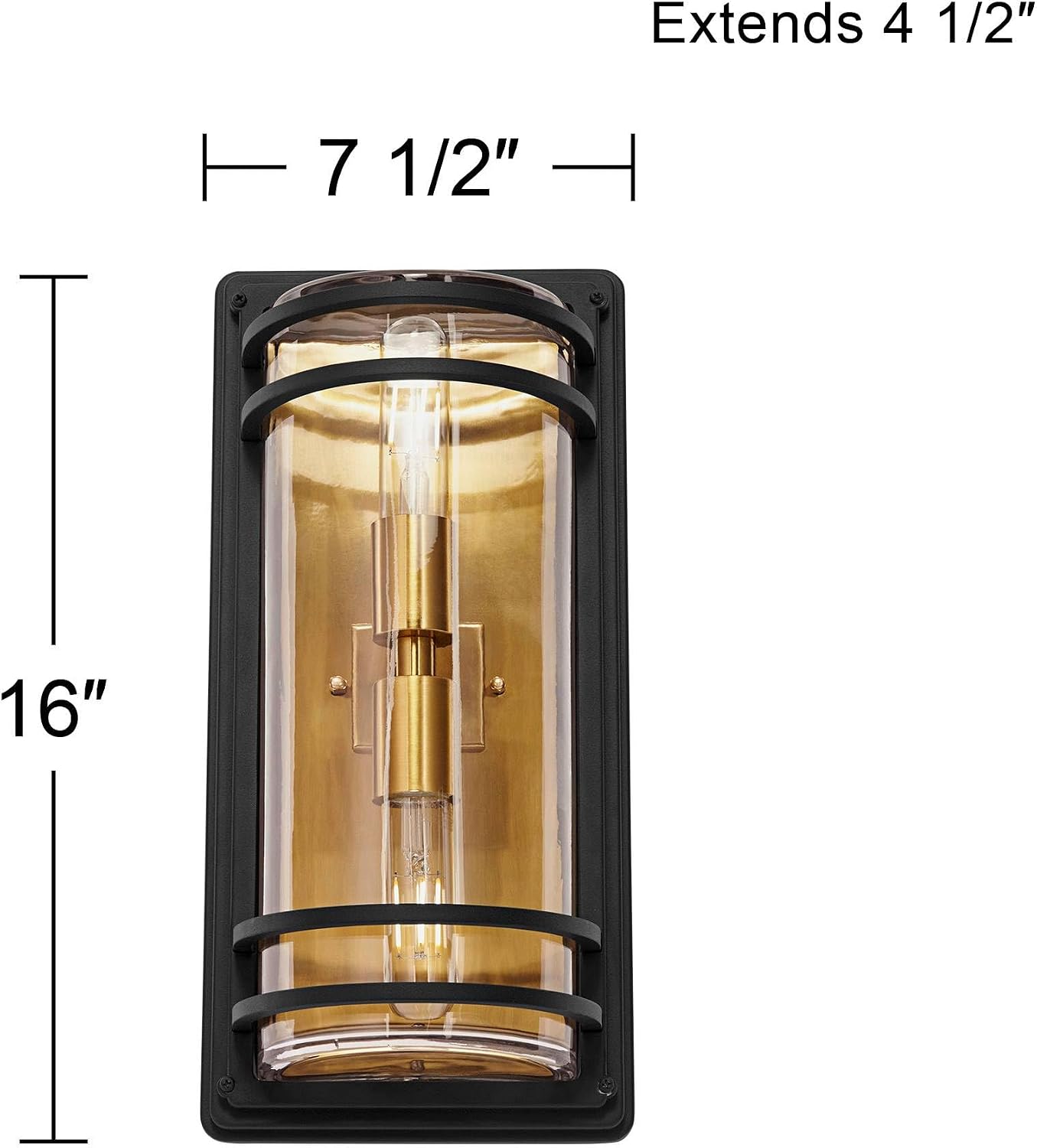 John Timberland Habitat Modern Industrial Wall Light Sconces Set of 2 Black Warm Brass Hardwire 7 1/2' Fixture Clear Glass Shade for Bedroom Bathroom Bedside Vanity Living Room Home Hallway