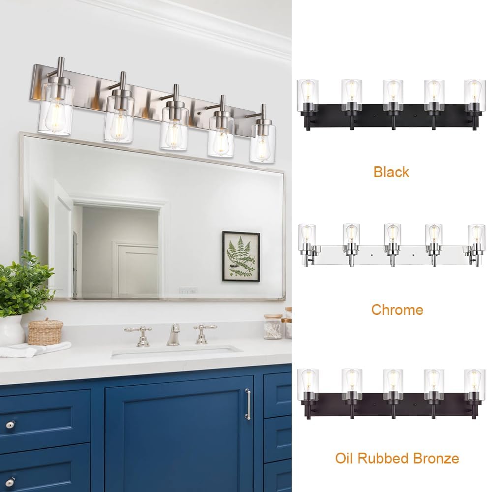 5 Lights Bathroom Vanity Light Fixture Brushed Nickel Sconces Wall Lighting Modern Industrial Indoor Wall Mounted Lamp for Kitchen Living Room Dining Room (Patent No.: US D958,438 S)