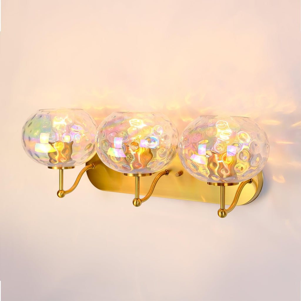 23' Brushed Gold Vanity Light Stained Hammered Glass Wall Sconce 3-Light Brass Wall Lamp for Hallway Living Room Stairwell Bathroom Over Mirror (Brass Gold, 3-Light)