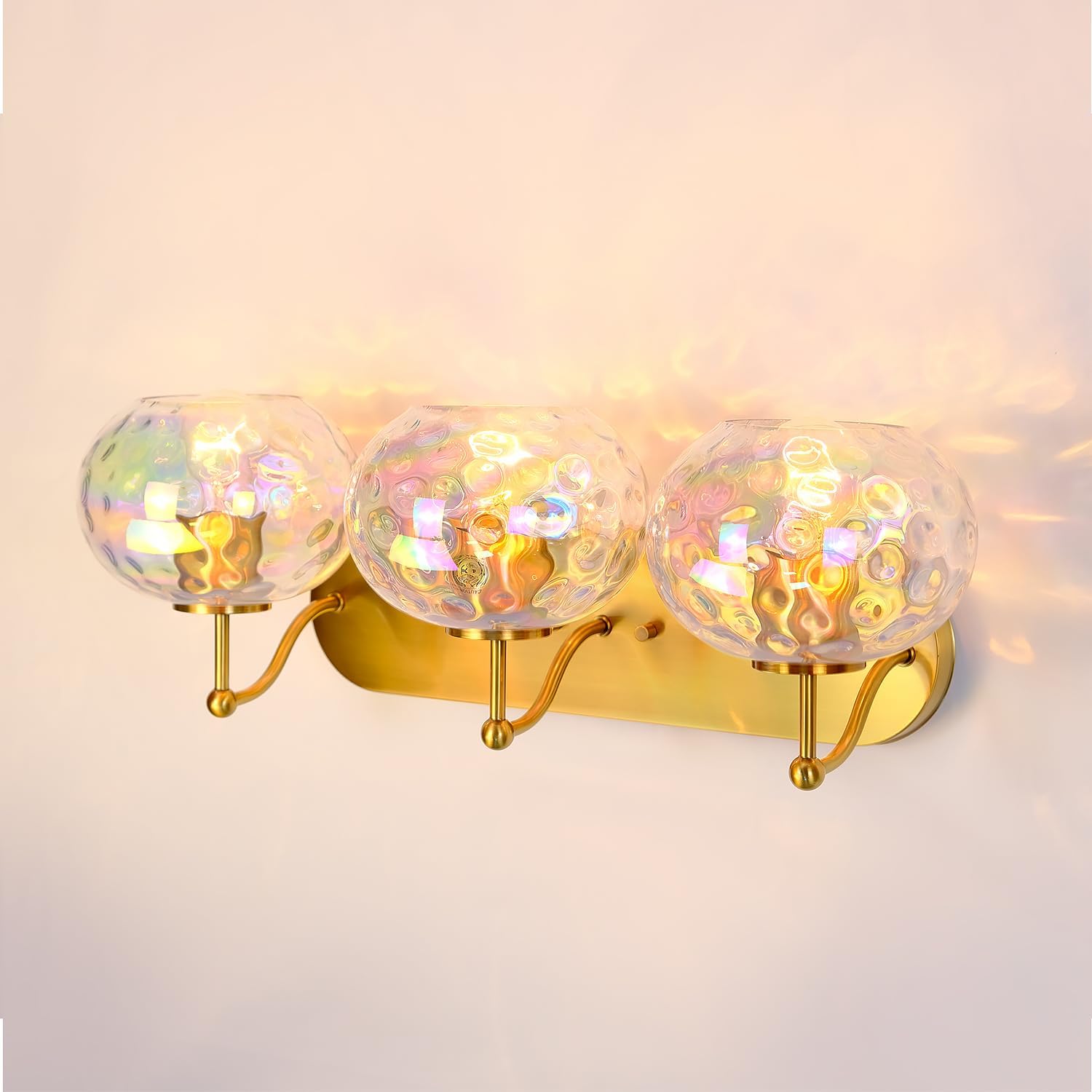 23' Brushed Gold Vanity Light Stained Hammered Glass Wall Sconce 3-Light Brass Wall Lamp for Hallway Living Room Stairwell Bathroom Over Mirror (Brass Gold, 3-Light)