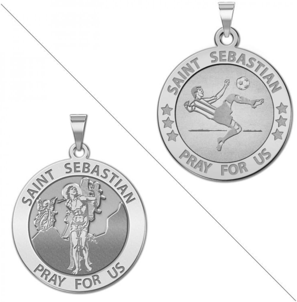 PicturesOnGold.com Soccer - Saint Sebastian Doubledside Sports Religious Medal 2/3 Inch Size of Dime, Solid 14K Yellow Gold