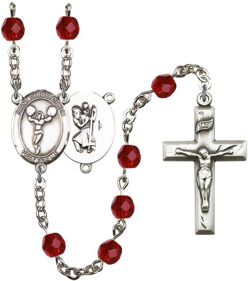 Bonyak Jewelry St. Christopher/Cheerleading Silver-Plated Rosary - Every Birth Month Color and More