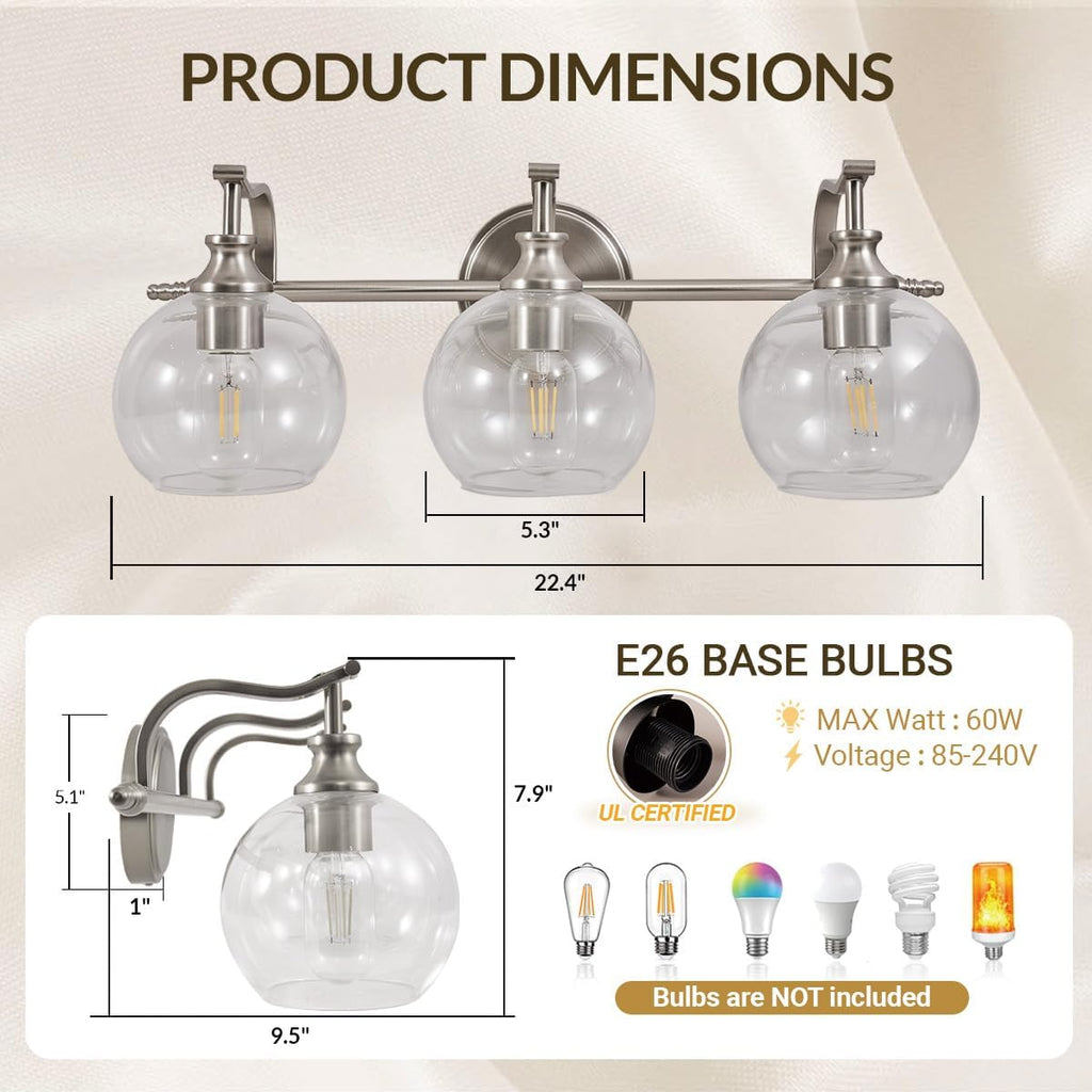ANDY STAR 3 Light Bathroom Vanity Light, Brushed Nickel Bathroom Light Fixture, Modern Wall Sconces with Globe Clear Glass Shade, Wall Mounted Bathroom Light Over Mirror for Living Room, Foyer